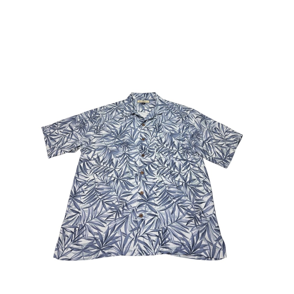 Tommy Bahama Mens Medium 100% Silk Blue Palm Leaf Print Camp Shirt Hawaiian
